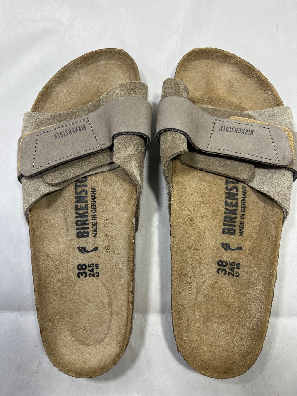 Birkenstock Two-Strap Suede Sandals in Taupe Gray